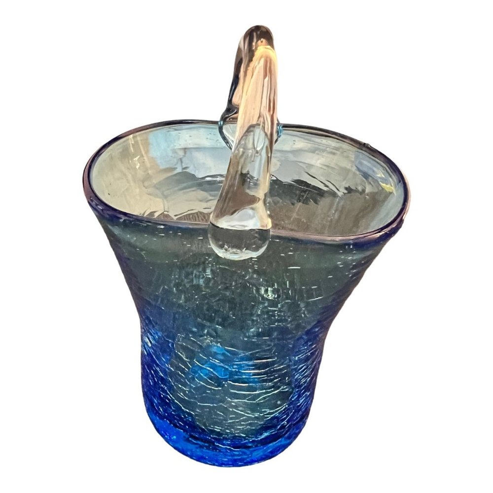 Art Glass Blue Crackled Glass Basket Vase Flower Pot With Handle Hand Blown 3.5" - Picture 6 of 10